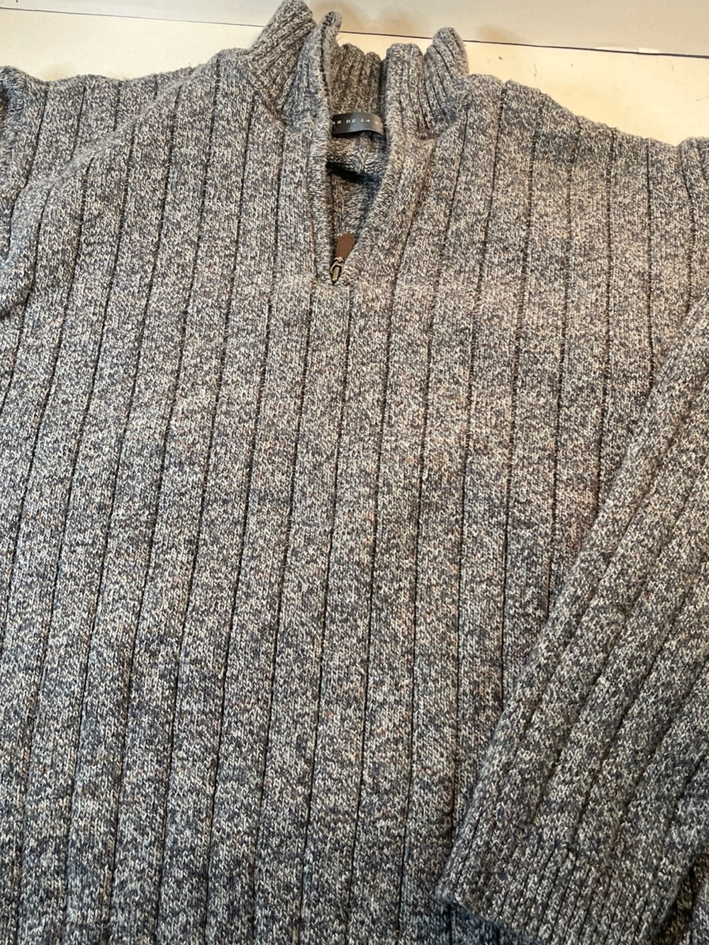 Oscar de la Renta Marled Grey Ribbed Half-Zip Sweater